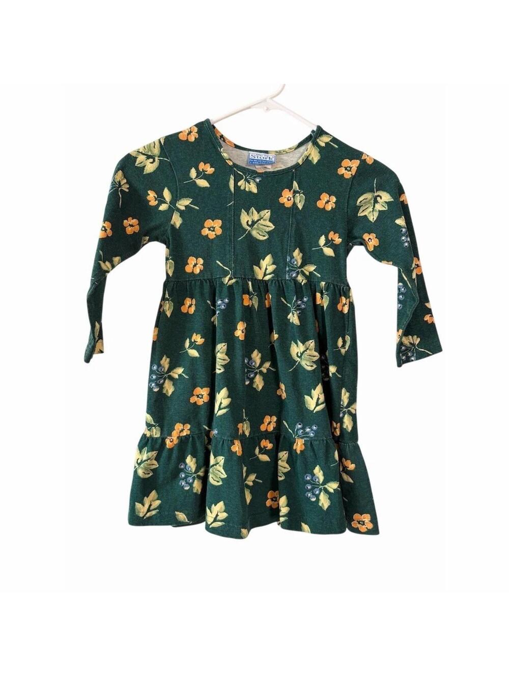 Vintage After the Stork Dress Girls Size S 5-6 Green Floral Tiered Long Sleeve